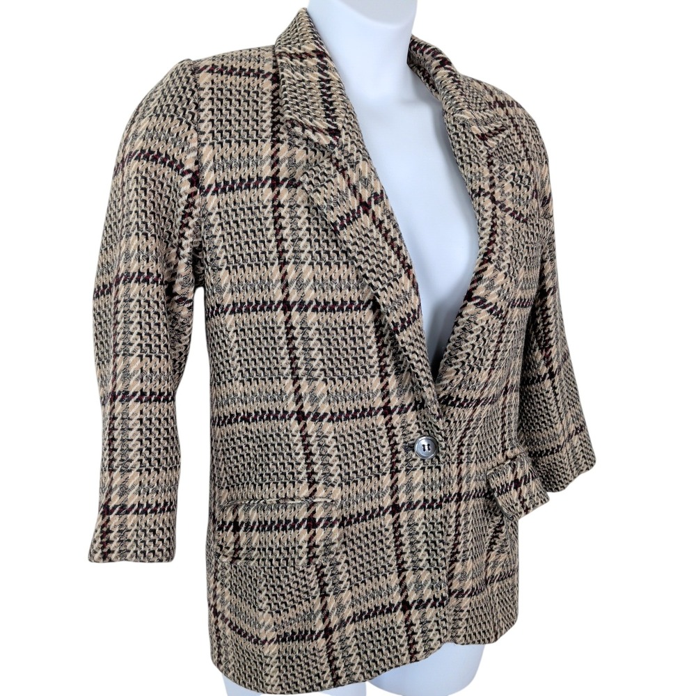 Vintage 100% Wool Plaid Blazer Women's Size 8 Twee Dark Academia 80s